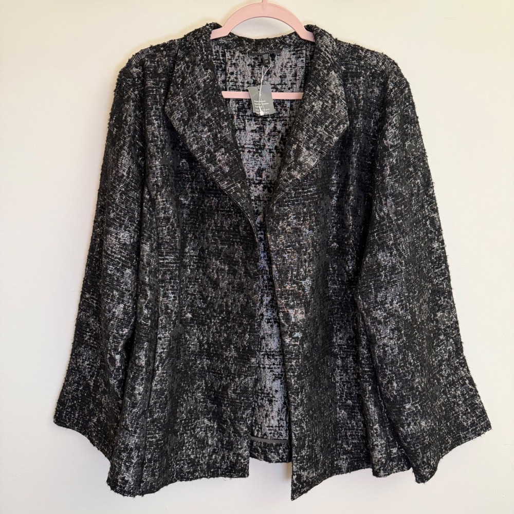 Eileen Fisher Woman 2X Black Silver Metallic Tweed Open Blazer Italian Fabric